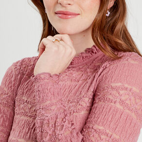 Blouse dentelle col montant vieux rose femme