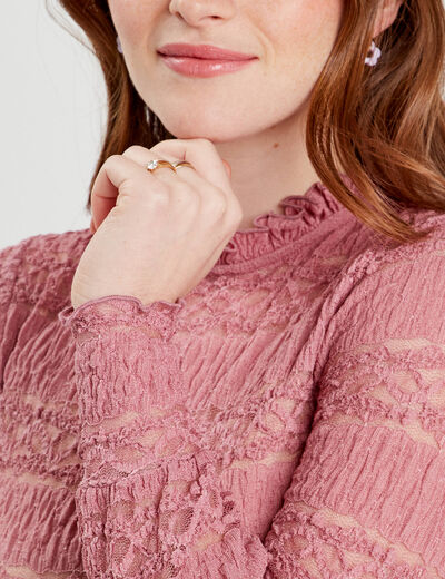 Blouse dentelle col montant vieux rose femme