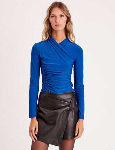 Blouse satin drapé bleu electrique femme