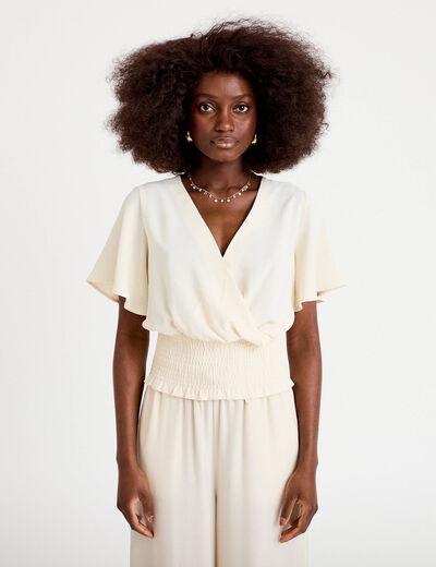 Blouse smock&eacute;e manches courtes ecru femme