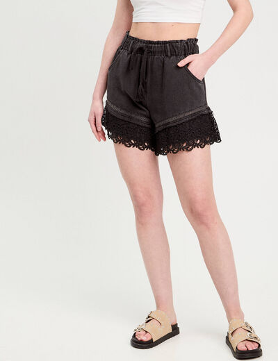 Short flare dentelle en jean denim noir femme