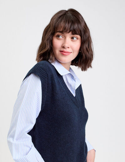 Pull 2-en-1 col en V bleu marine femme