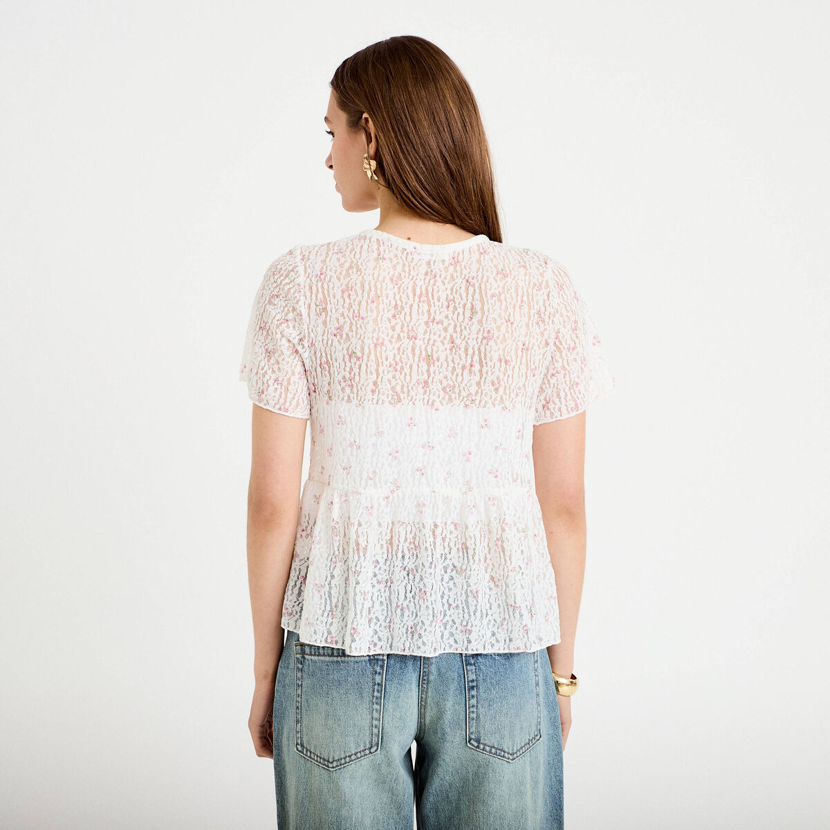 Blouse dentelle col rond manches courtes blanc femme