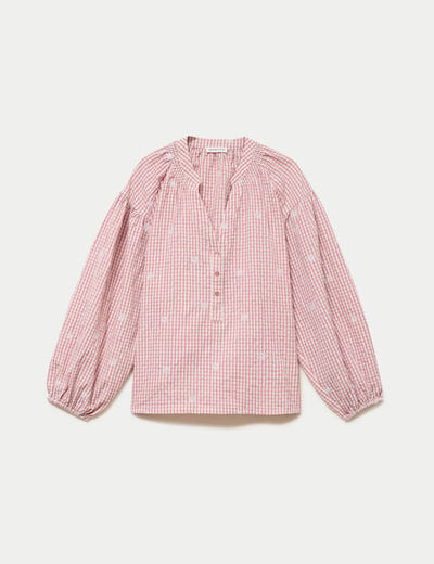 Blouse vichy brod&eacute;e rose femme