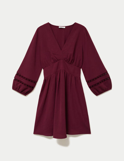 Robe courte &eacute;vas&eacute;e col v manches 3/4 bordeaux femme