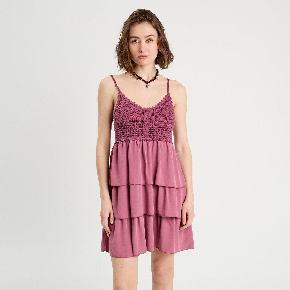 Robe évasée bretelles vieux rose femme