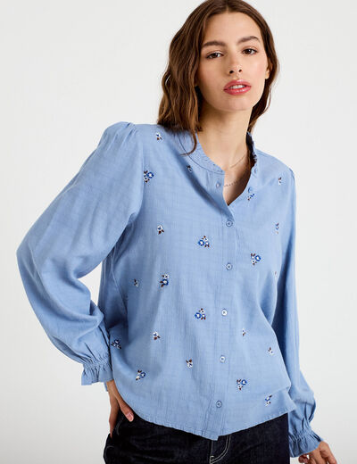 Blouse droite courte broderie bleu femme