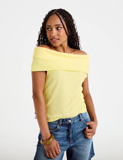 Top col bardot jaune pastel femme