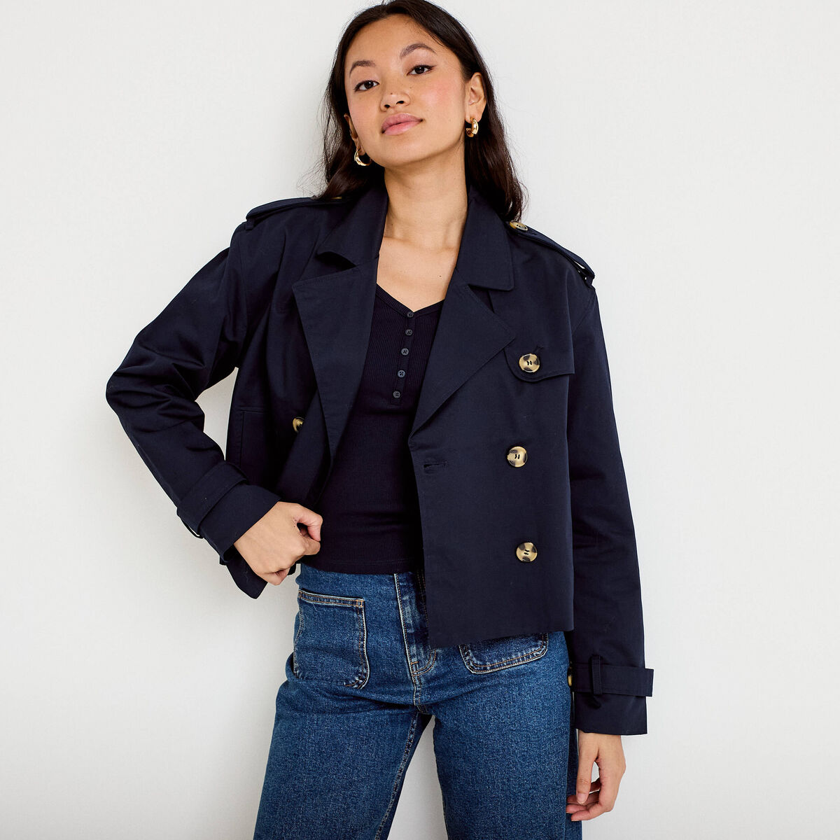 Trench droit court col tailleur bleu marine femme