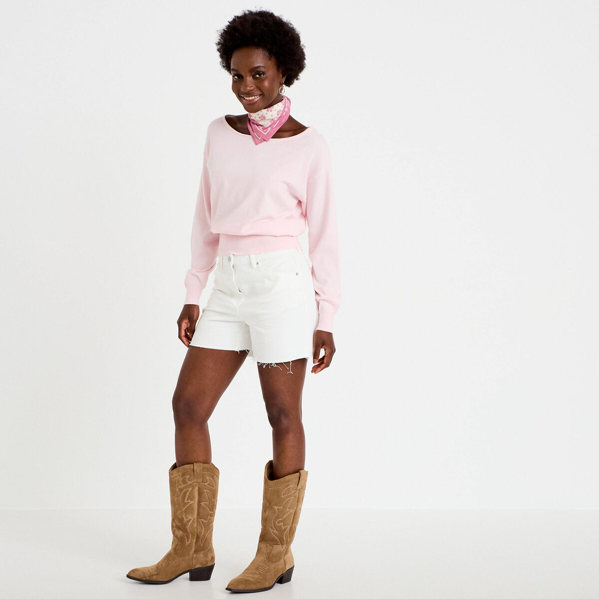 Pull ample manches longues fin rose clair femme
