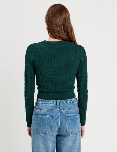 Pull torsades vert foncé femme