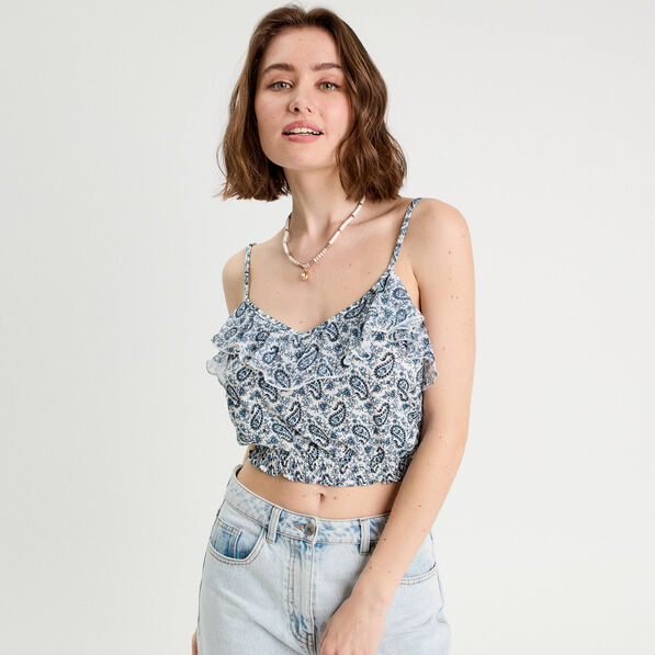 blouse cropped volants bleu femme Blouse cropped volants bleu femme