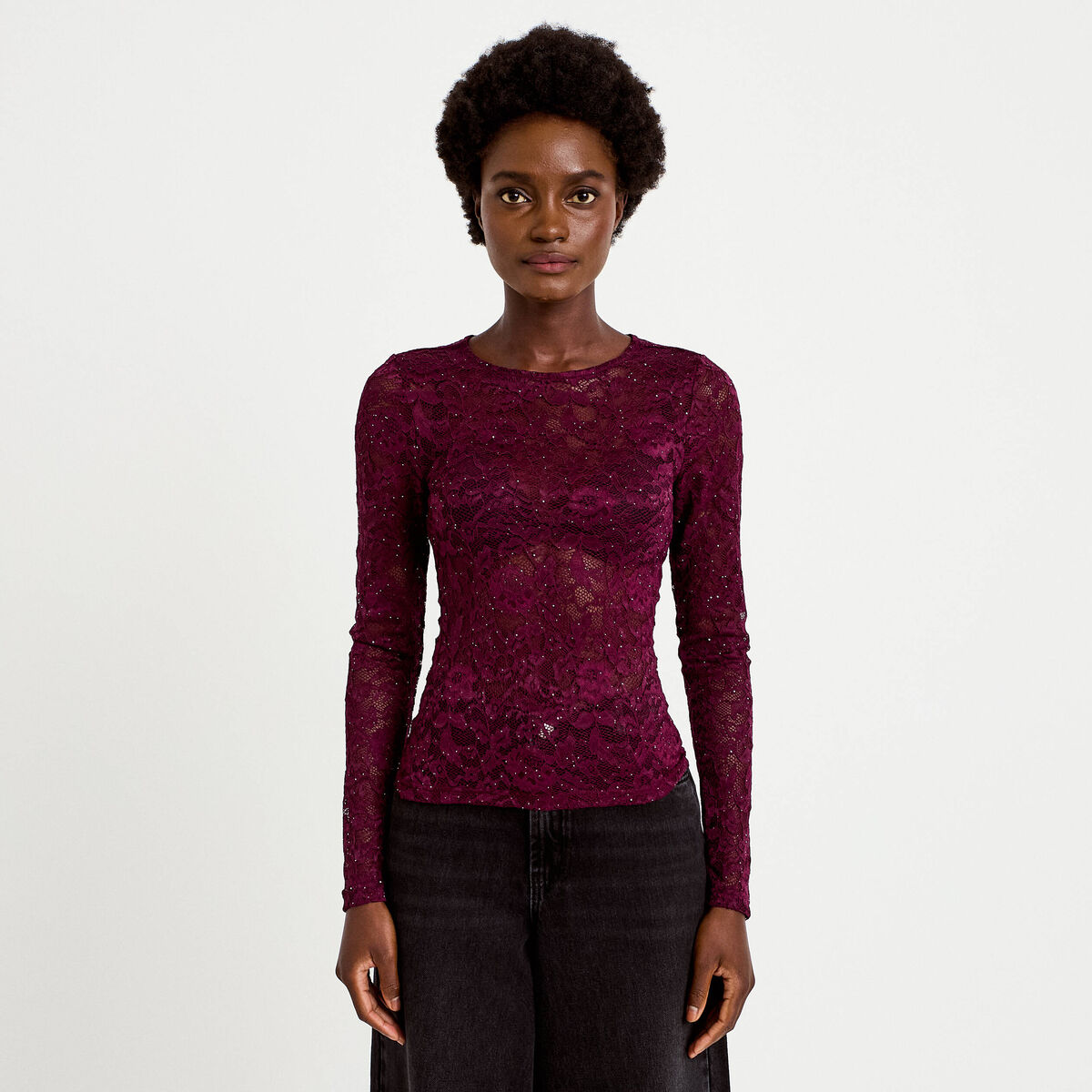 Top ajust&eacute; manches longues dentelle prune femme