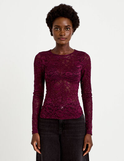 Top ajust&eacute; manches longues dentelle prune femme