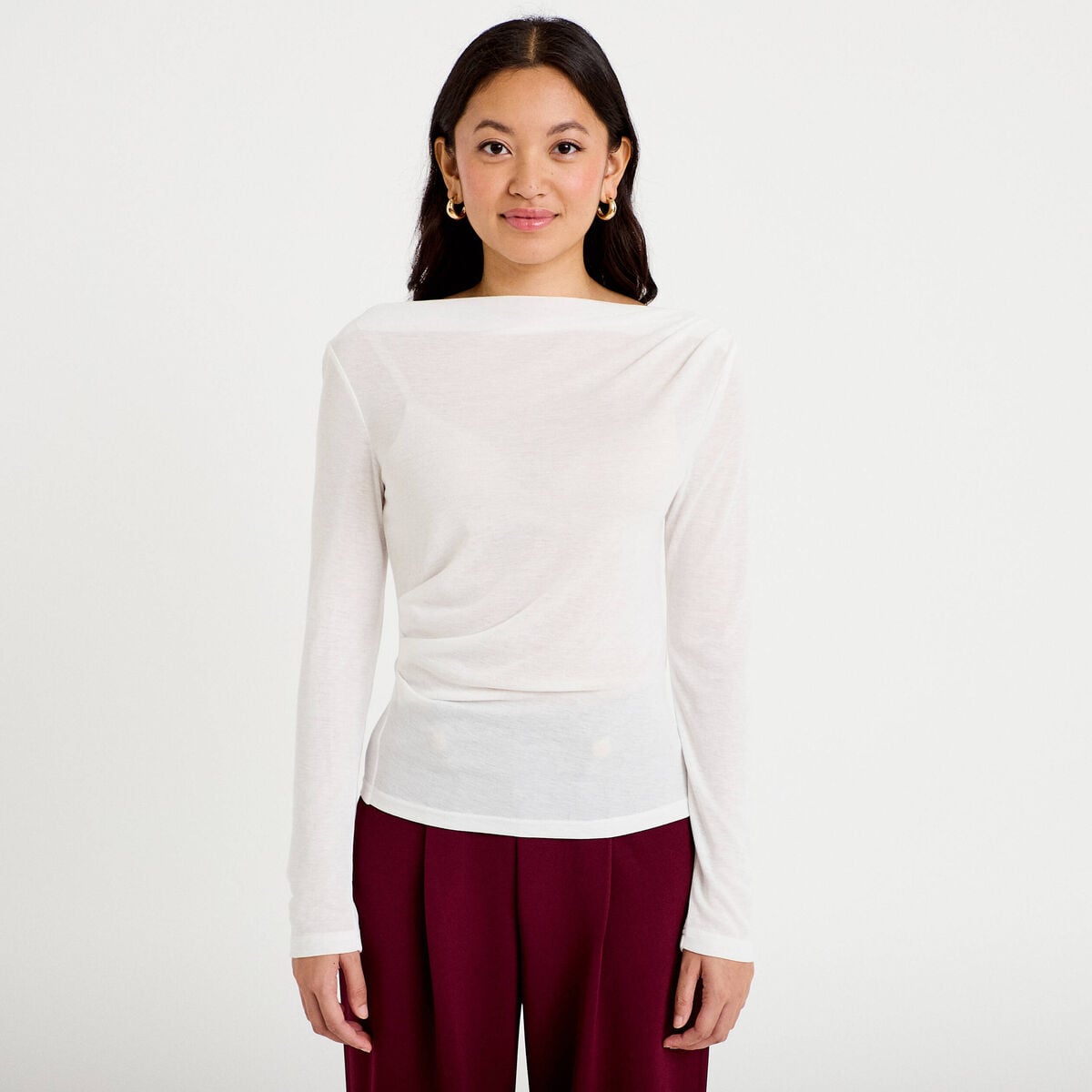 T-shirt col b&eacute;nitier manches longues ecru femme