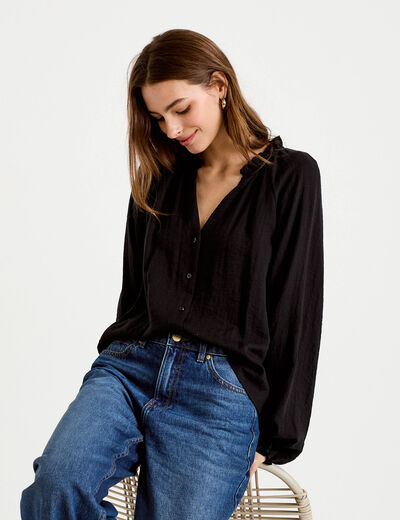 Blouse ample pliss&eacute;e manches longues noir femme