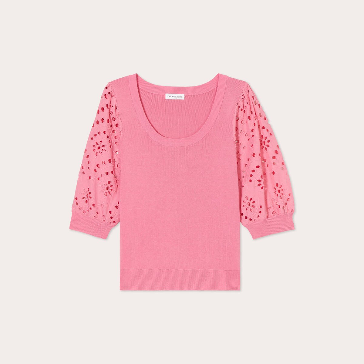 Pull manches 3/4 brodées rose femme