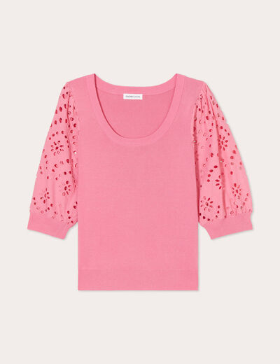Pull manches 3/4 brodées rose femme