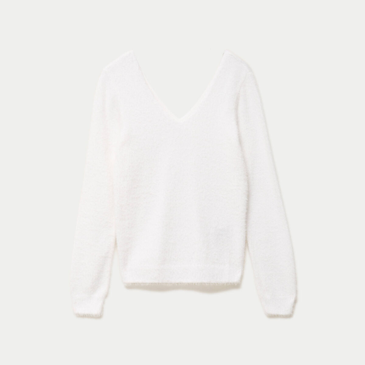 Pull col v manches longues perles ecru femme