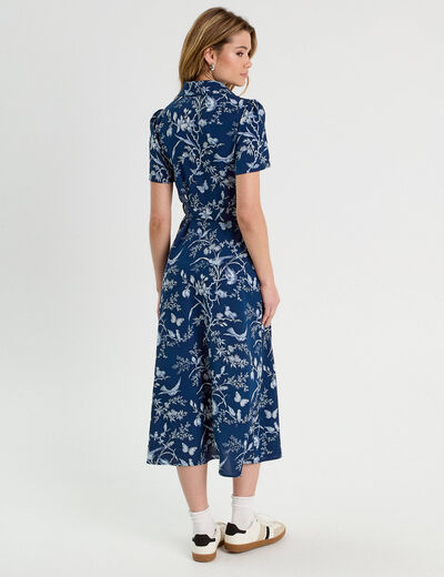 Robe chemise longue ceinturée bleu marine femme
