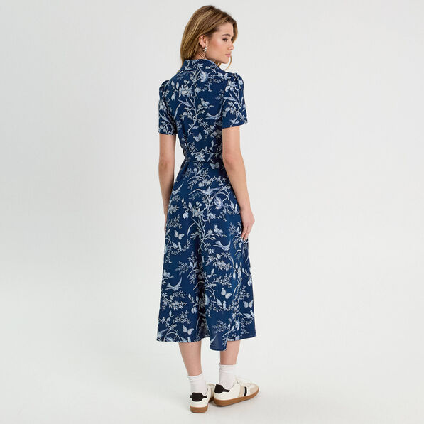 Robe chemise longue ceinturée bleu marine femme