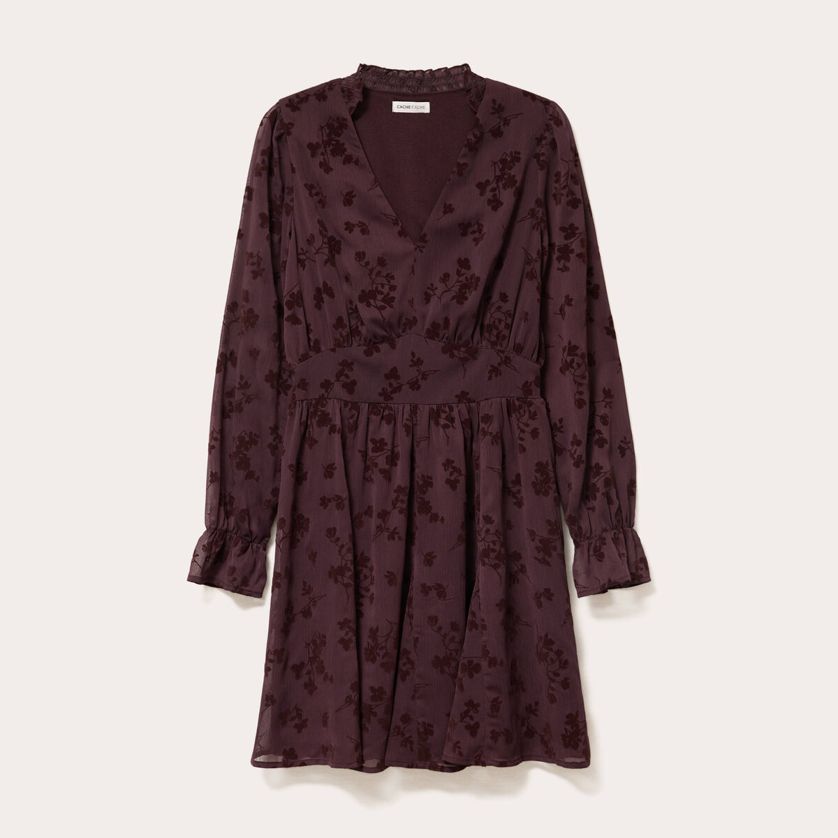 Robe courte &eacute;vas&eacute;e col v manches longues marron cognac femme