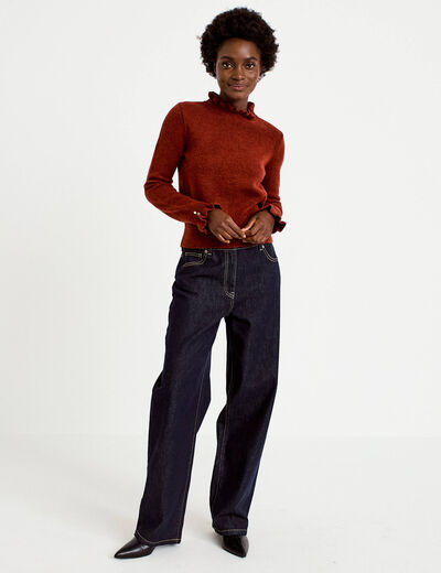 Pull ajust&eacute; col montant manches longues marron cognac femme