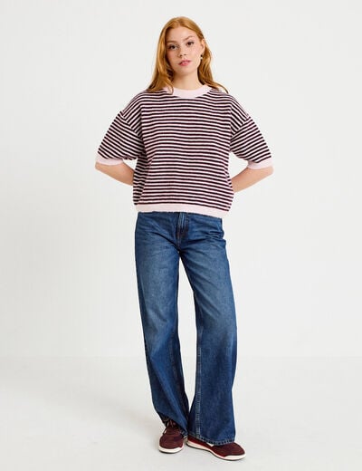 Pull ample duveteux manches courtes prune femme