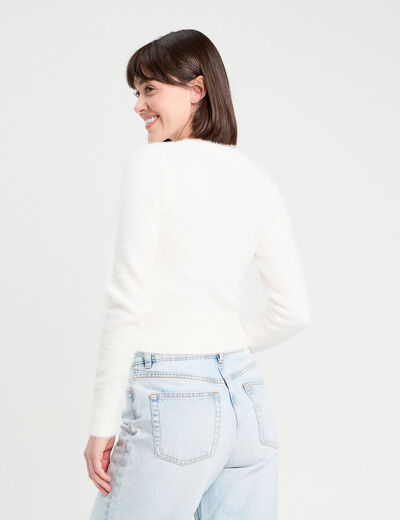 Gilet manches longues cropped ecru femme