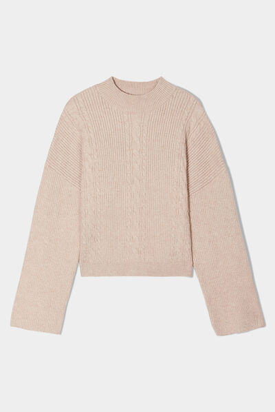 Pull col montant torsades beige femme