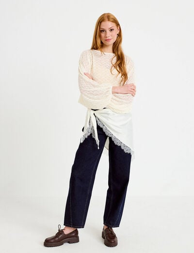 Blouse dentelle col rond manches longues ecru femme