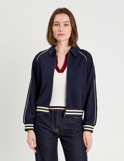 Sweat zippé manches longues bleu marine femme