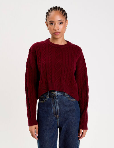 Pull avec torsades rouge foncé femme