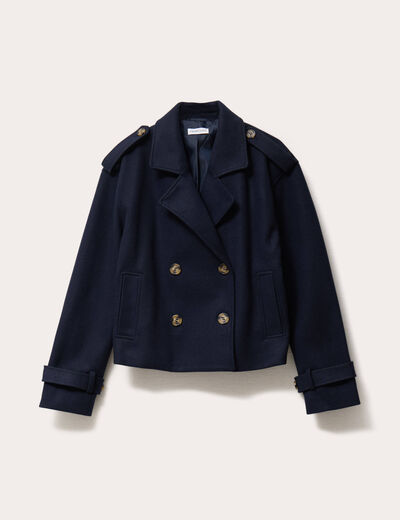 Trench court boutonné bleu marine femme