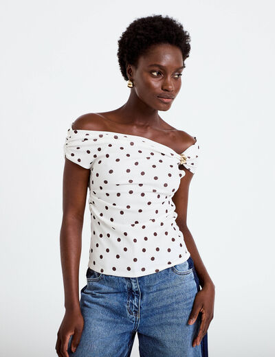 Top pliss&eacute; col bardot sans manches blanc femme
