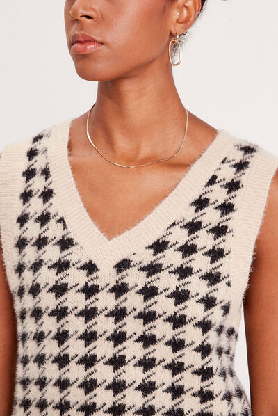 Pull sans manches col en V beige femme