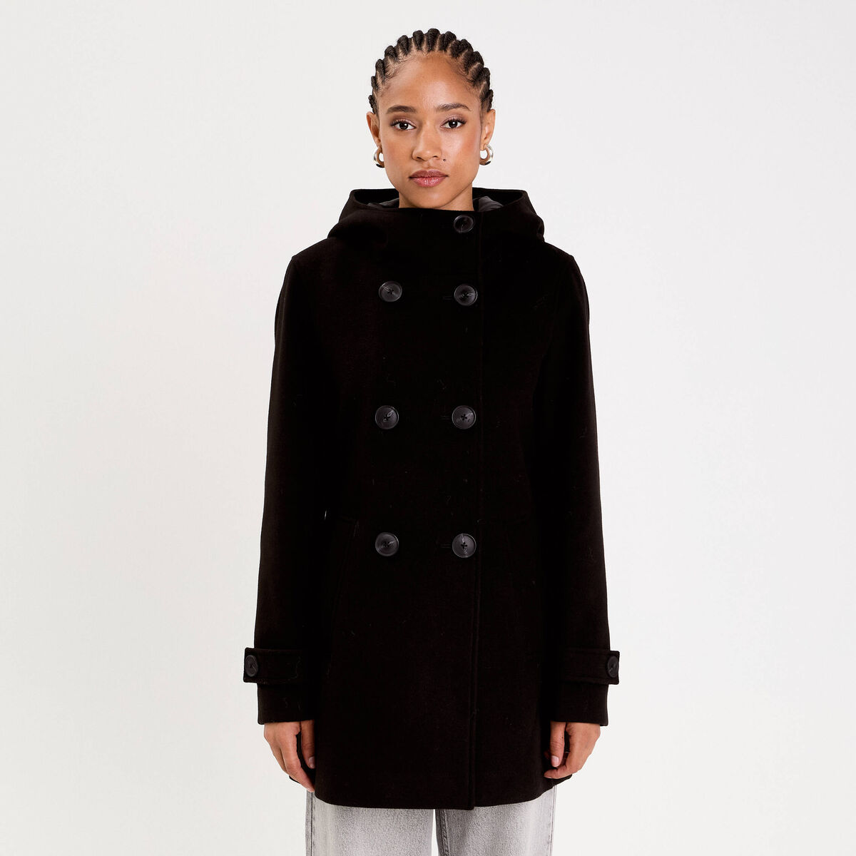 Manteau ajust&eacute; 3/4 &agrave; capuche noir femme