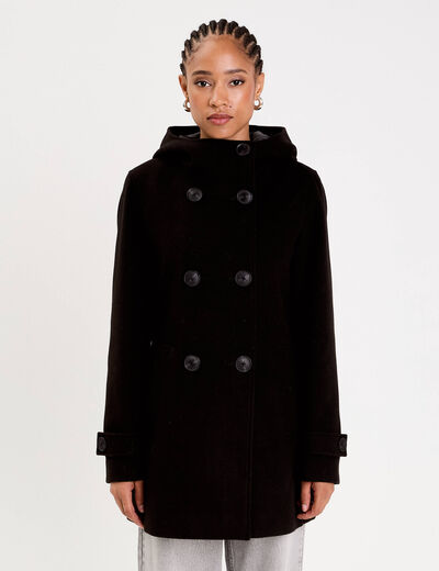 Manteau ajust&eacute; 3/4 &agrave; capuche noir femme