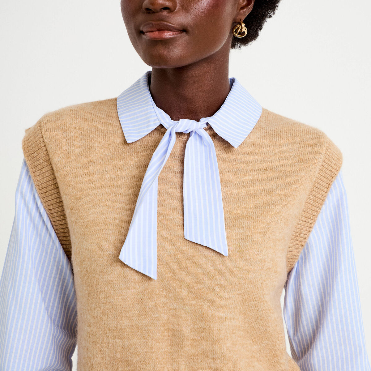 Pull fin 2-en-1 manches longues beige femme