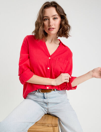 Chemise manches longues contenant du lin rouge femme