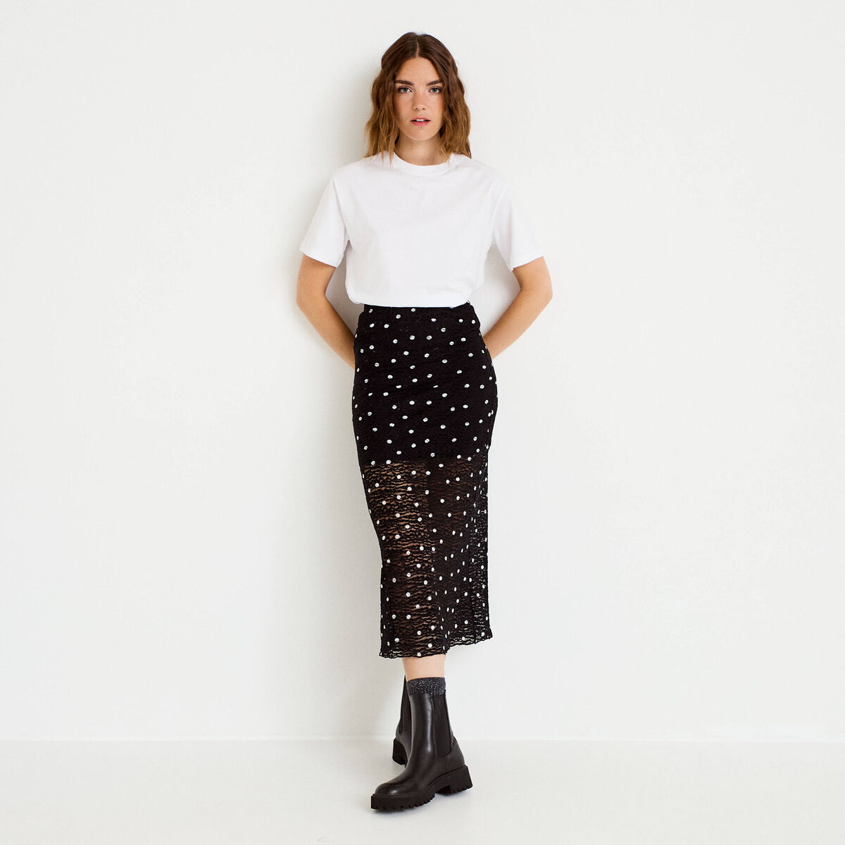 Jupe longue ajust&eacute;e en dentelle noir femme
