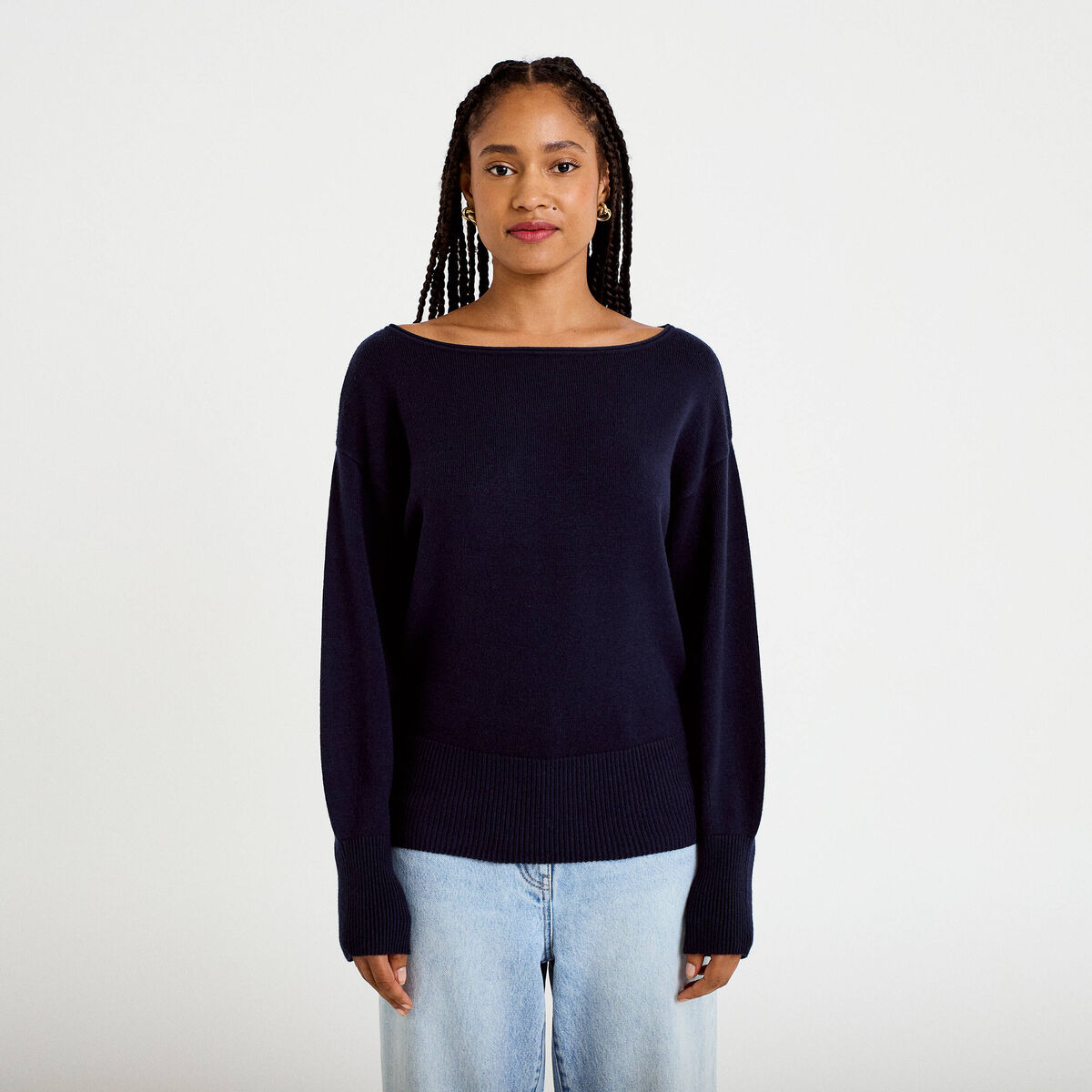 Pull oversize col bateau manches longues bleu marine femme