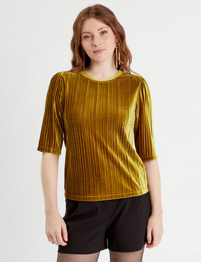 T-shirt velours plissé vert olive femme