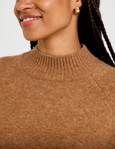 Pull col montant manches longues camel femme