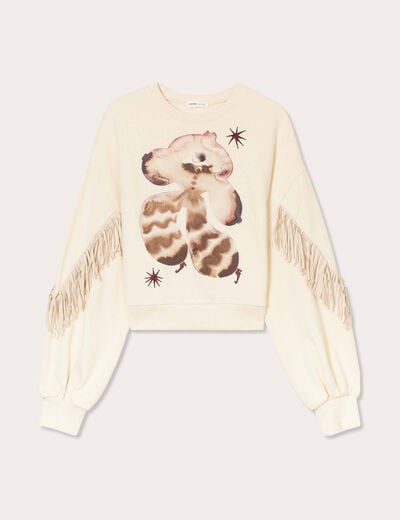 Sweat avec franges ecru femme