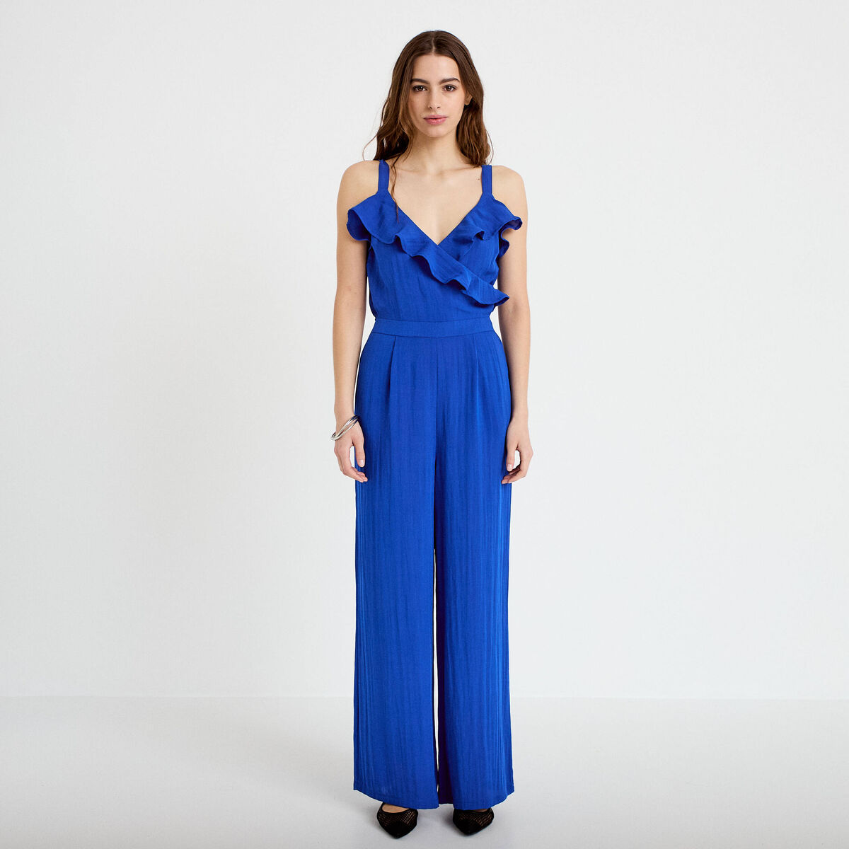 Combinaison pantalon volants bleu electrique femme