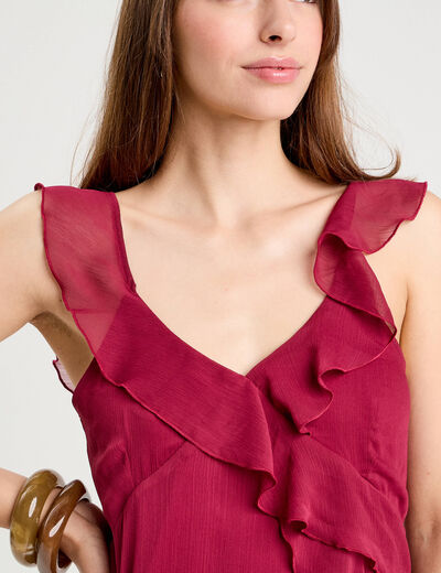 Robe longue évasée volants bordeaux femme