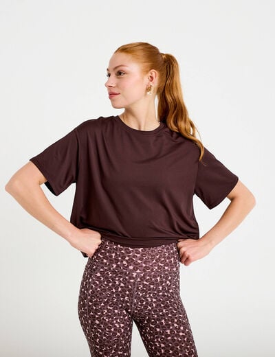 T-shirt col rond manches courtes marron fonc&eacute; femme