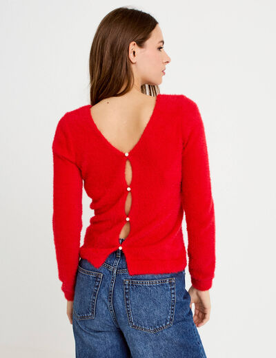 Pull col v manches longues rouge femme
