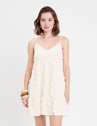Robe courte évasée col v à bretelles ecru femme